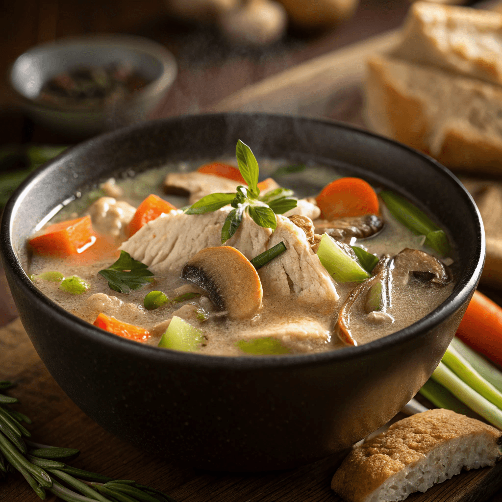 Creamy chicken mushroom soup in a dark bowl with vegetables and herbs.