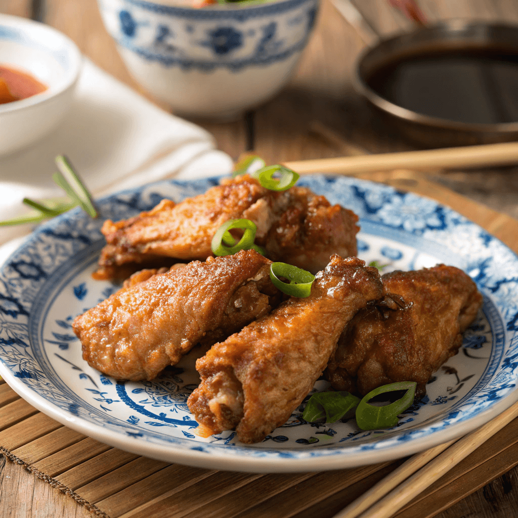 Crispy Chinese chicken wings on a blue-and-white porcelain plate with sliced green onions.