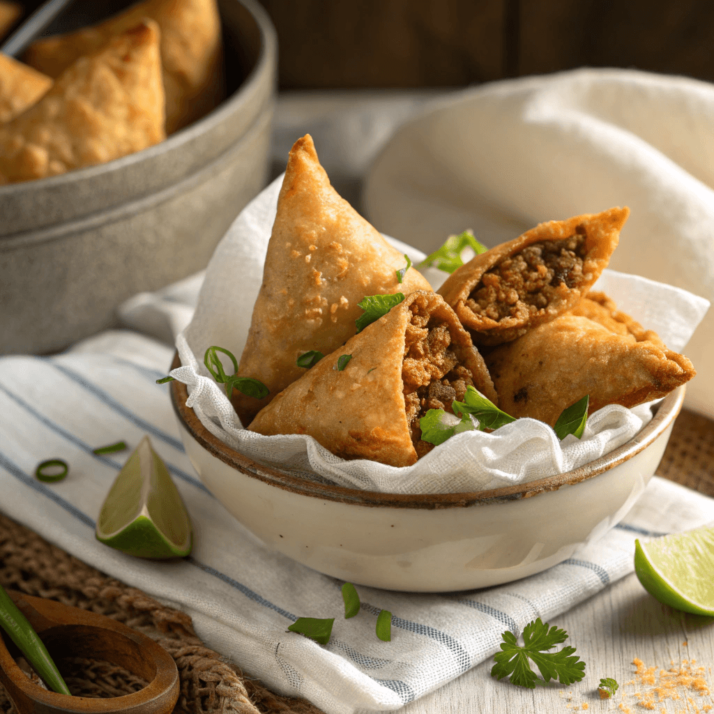 Crispy Keema Samosa Recipe: Easy Folding & Flavorful Filling 2 Golden crispy keema samosas in a cloth-lined bowl with cilantro and green onion garnish.