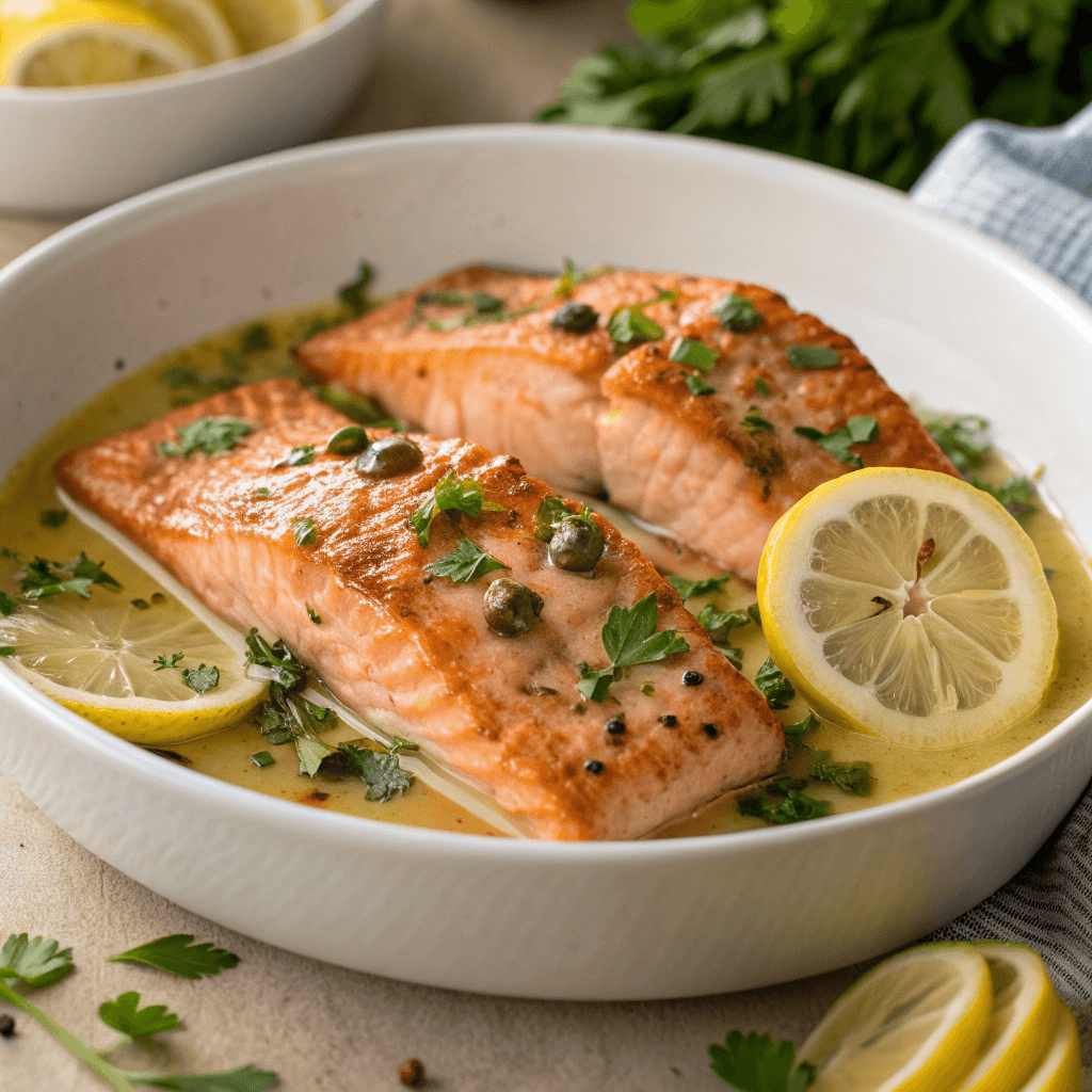 Lemon garlic salmon piccata in a white bowl with capers, parsley, and lemon slices.