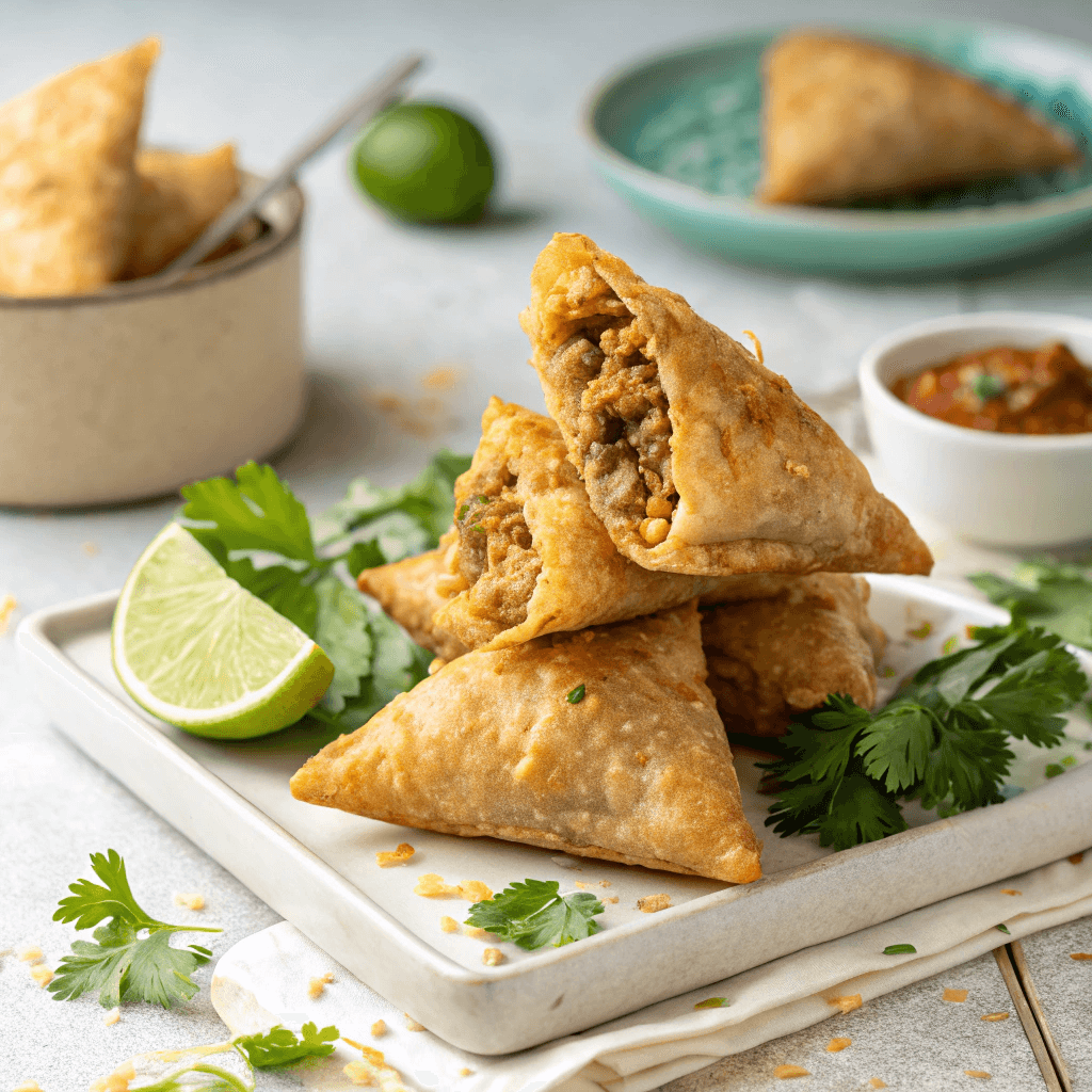 Crispy Keema Samosa Recipe: Easy Folding & Flavorful Filling 3 Hero image of golden keema samosas centered with crispy texture and fresh cilantro garnish.