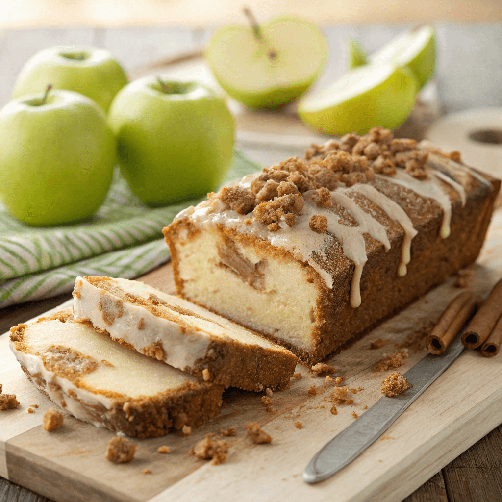 Apple Crisp Cheesecake Bread - The Best Cheesecake You'll Make ! 4 Close-up of sliced apple crisp cheesecake bread showing apple chunks, creamy cheesecake layer, and streusel topping.