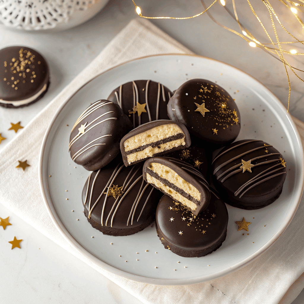 Easy Homemade Chocolate Covered Oreos 1 Close-up top-down shot of chocolate covered Oreos decorated with chocolate sprinkles, drizzle, and golden stars.