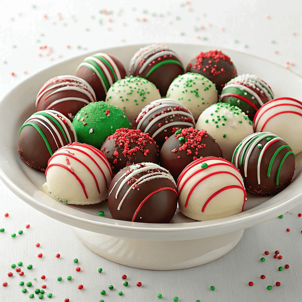 Decadent Christmas Truffles: Easy No-Bake Holiday Treat 4 Top-down close-up of assorted Christmas truffles decorated with red, green, and white sprinkles and chocolate drizzle.