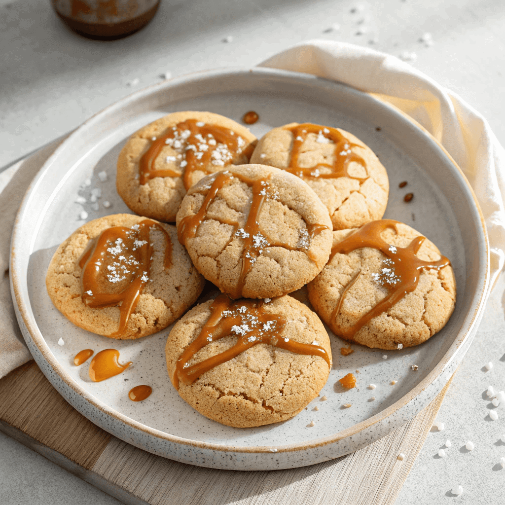 The Best Soft & Chewy Salted Caramel Cookies 3 Close-up of golden salted caramel cookies drizzled with caramel and sprinkled with sea salt on a rustic white plate.