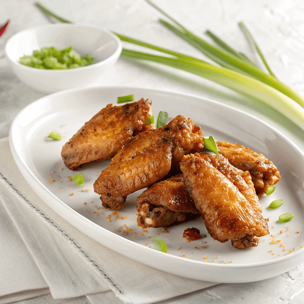 Crispy golden Chinese chicken wings arranged on a clean white plate with natural lighting.