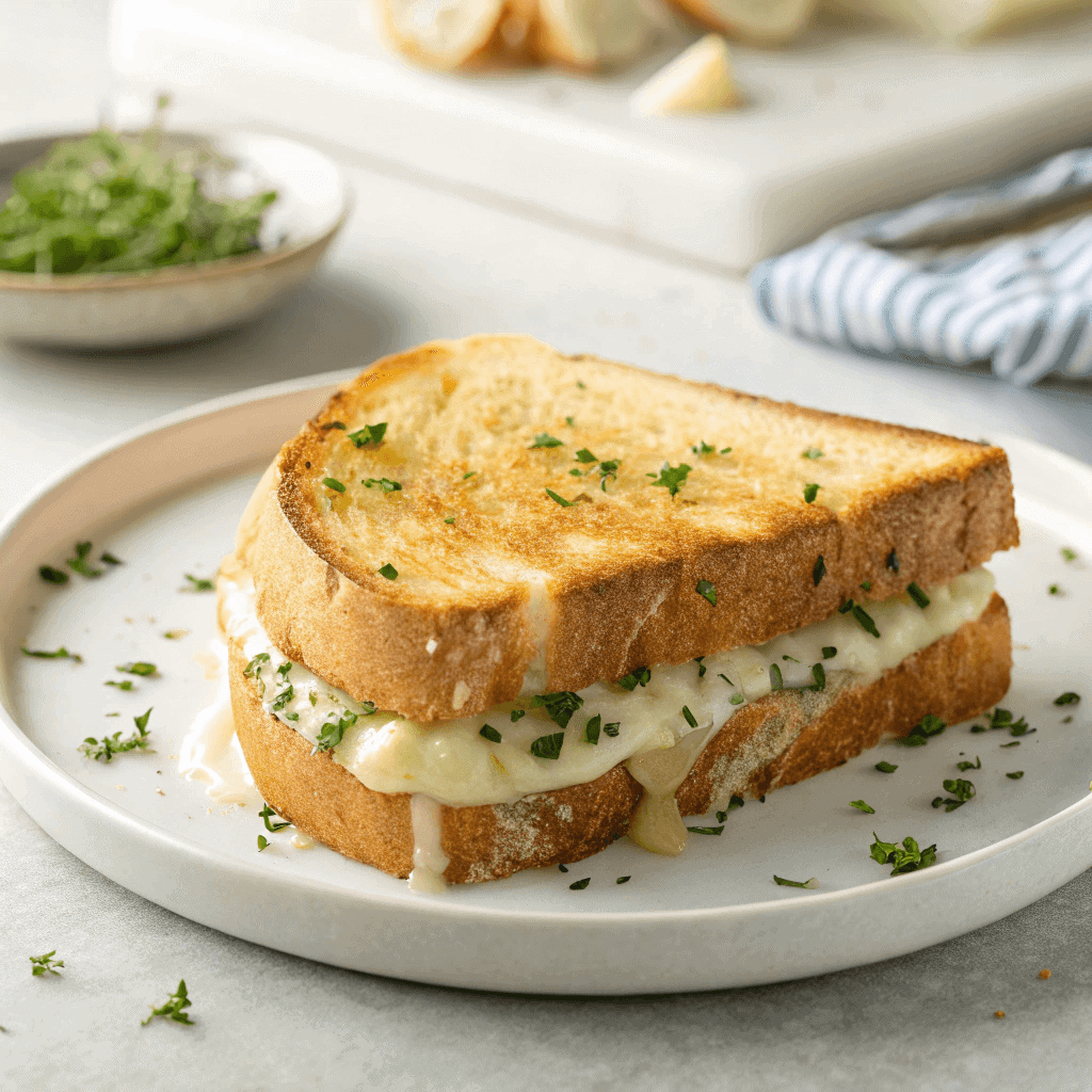 Delicious & Easy Chicken Garlic Sandwich Recipe 1 Garlic butter sandwich with melted cheese served on a white plate.