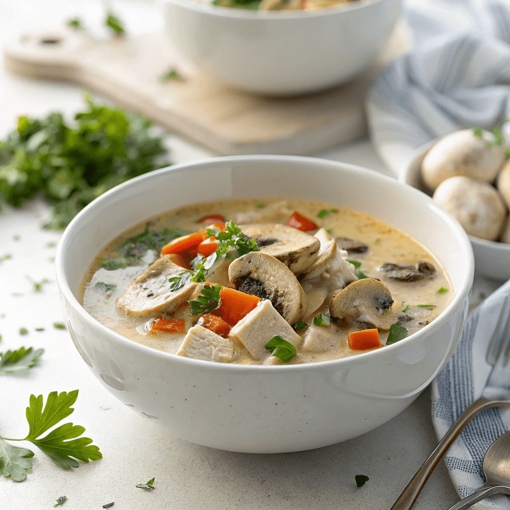 Chicken mushroom soup served in a white bowl with vegetables and creamy broth.