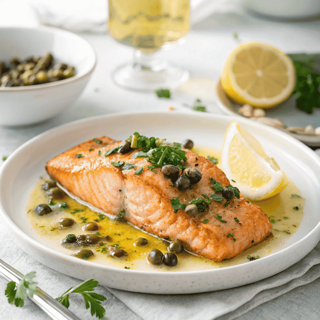 Salmon piccata served on a white plate with lemon garlic sauce and capers.