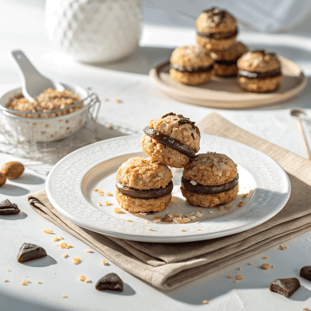 Oatmeal chocolate coconut macaroons served on a clean white plate in a bright, natural setting.