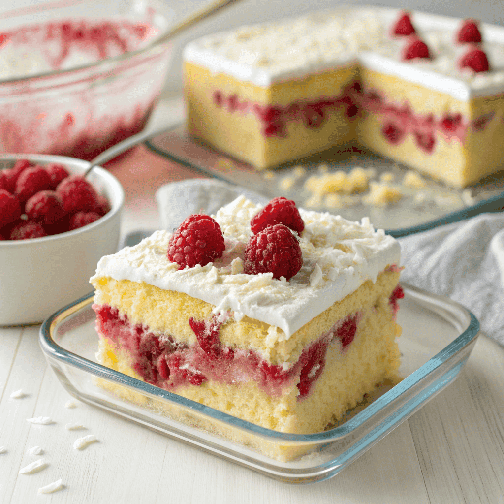 Close-up of a layered raspberry zinger cake in a glass dish topped with whipped cream, shredded coconut, and fresh raspberries.
