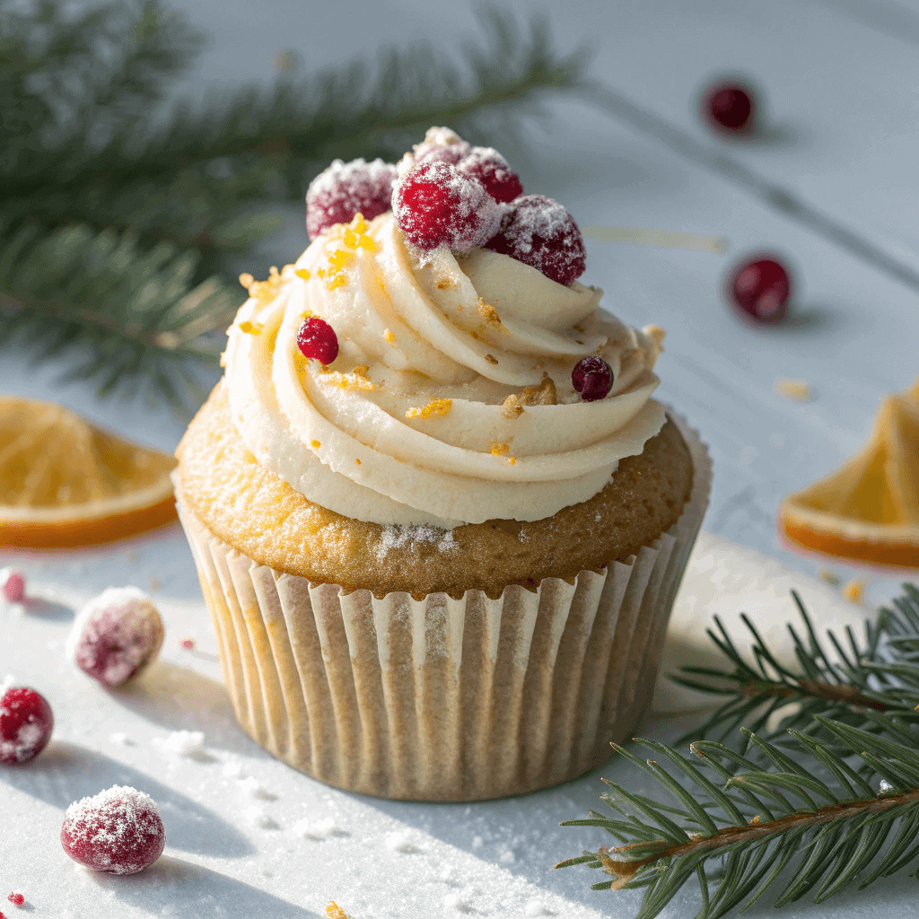 Festive Sparkling Cranberry White Chocolate Cupcakes 4 Close-up of a cupcake topped with white chocolate frosting and sugared cranberries, with orange zest and winter greenery in the background.