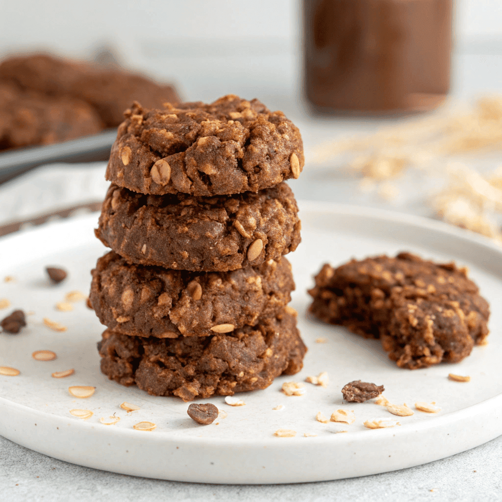 The Best No Bake Preacher Cookies - A Must Try Cookies ! 4 Close-up of four no-bake preacher cookies stacked on a white plate, showing a crumbly oat and chocolate texture.