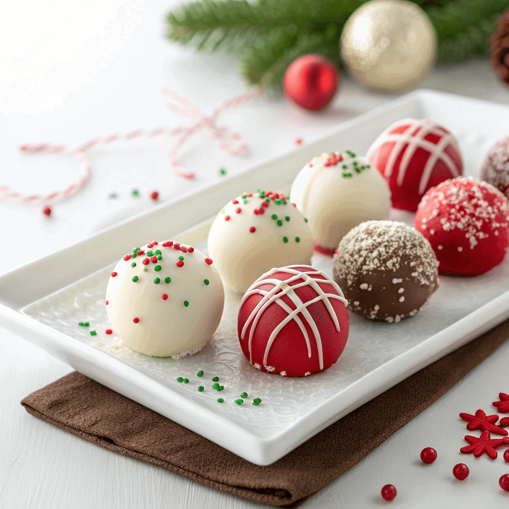 Festive & Moist Christmas Cake Balls: Your Ultimate Holiday Treat! 1 Christmas cake balls decorated with red, green, and white sprinkles on a simple white plate in bright natural light.