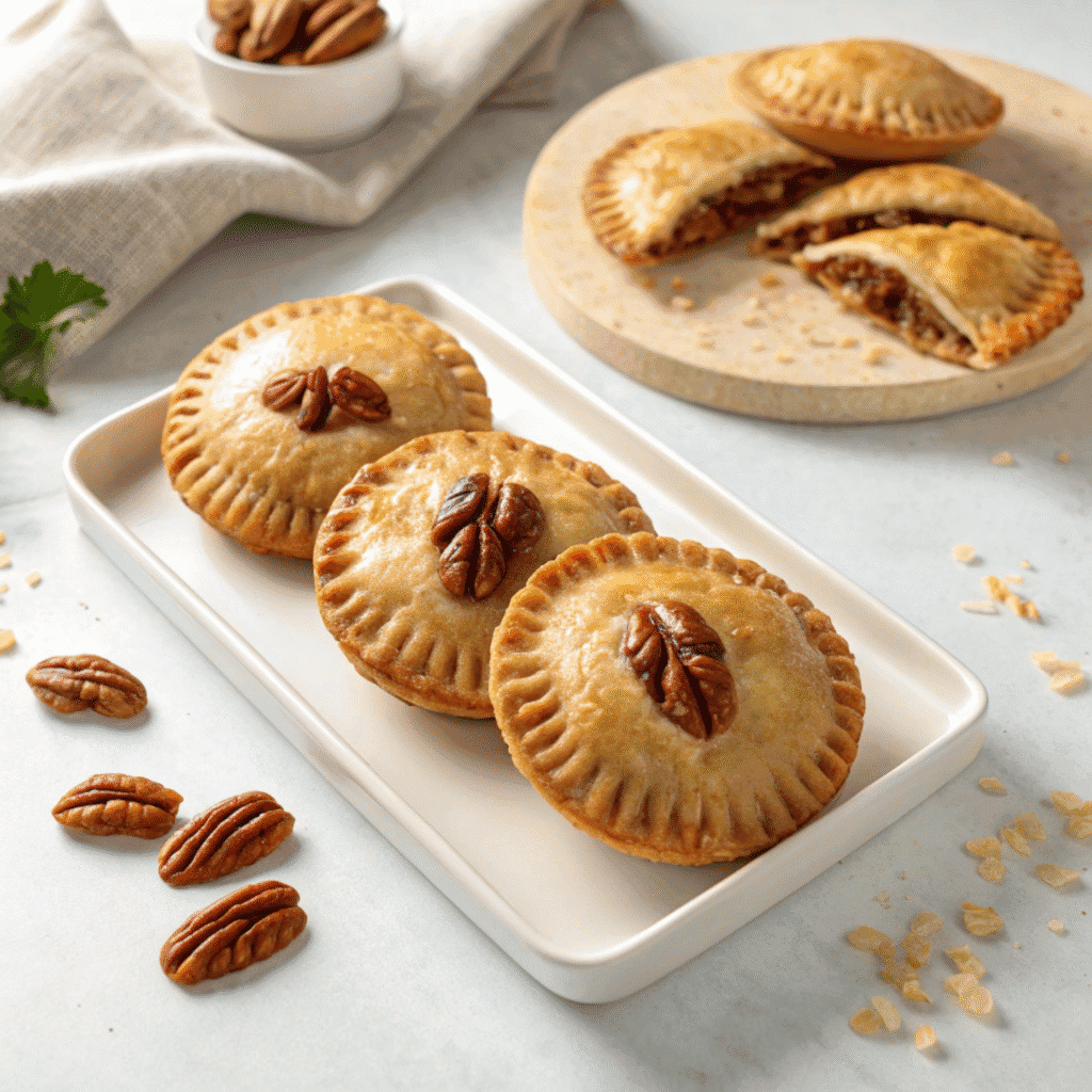 Delicious Pecan Hand Pies: Your Easy Holiday Treat 2 Golden flaky pecan hand pies arranged on a white plate with a few revealing their caramel pecan filling.