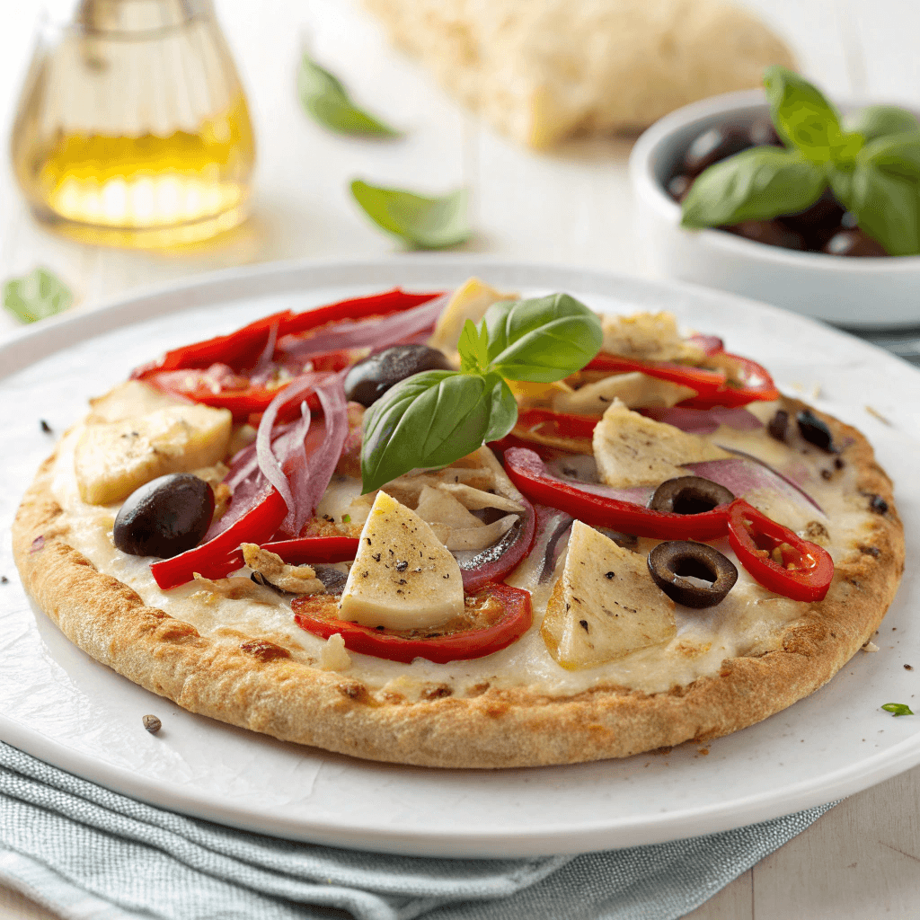 Pita Pizza Recipe – Quick, Easy 10-Minute Dinner 2 Single pita pizza on a white plate topped with olives, peppers, artichokes, and red onion.