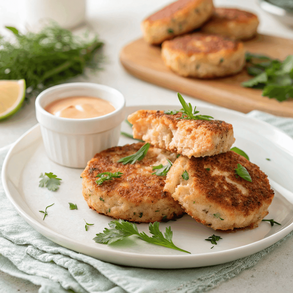 Golden salmon patties served neatly on a white plate with herbs and dipping sauce.
