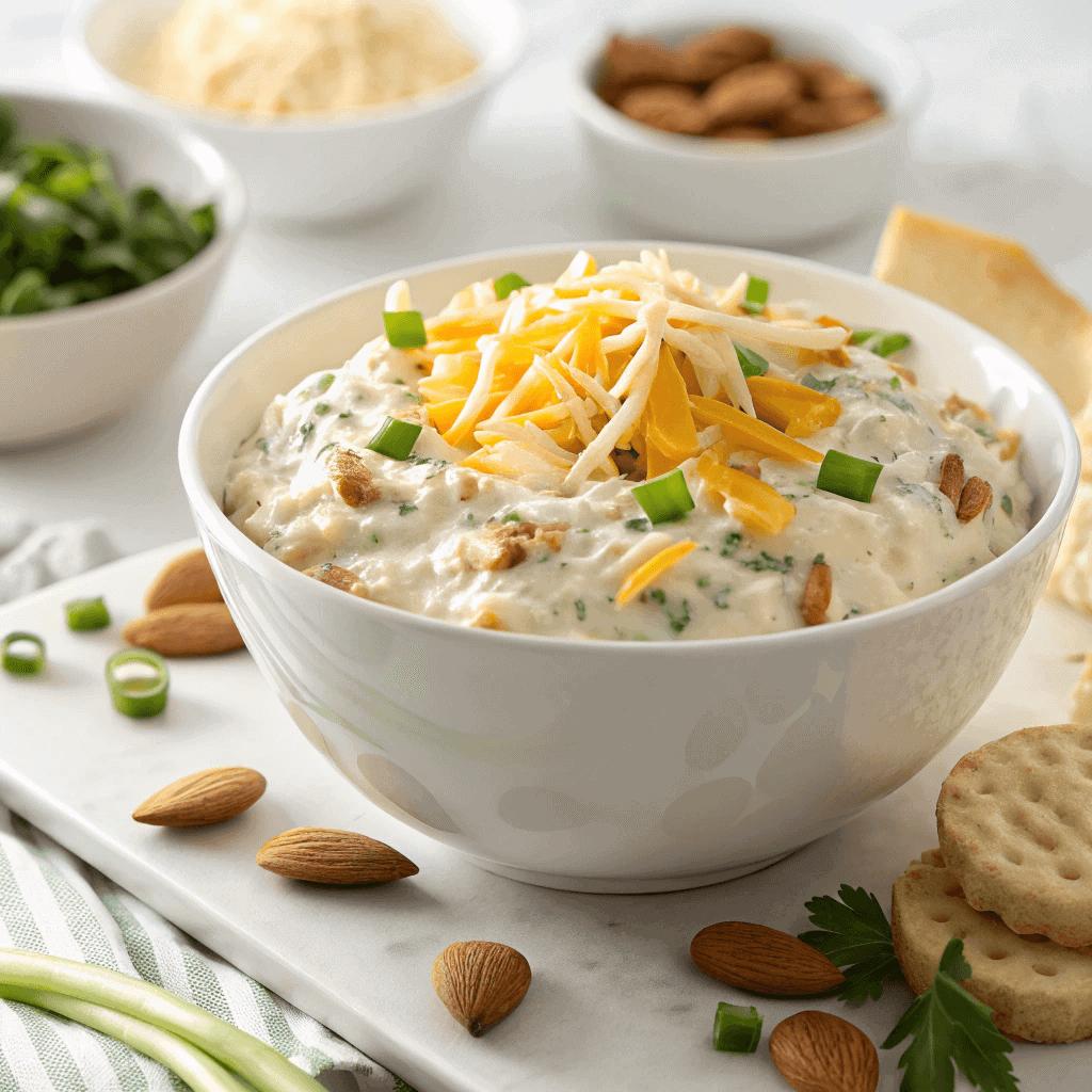 Million Dollar Dip served in a clean white bowl with bacon, cheddar, and green onions.