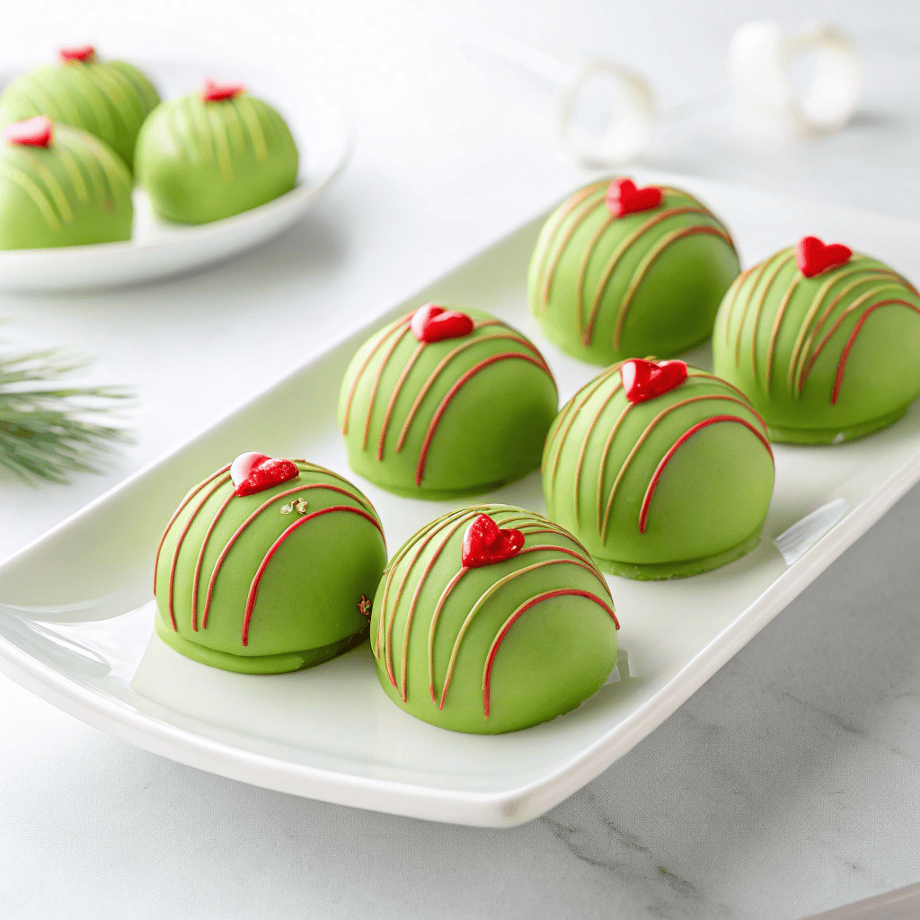 Green Grinch Oreo truffles with red heart decorations arranged neatly on a white plate.