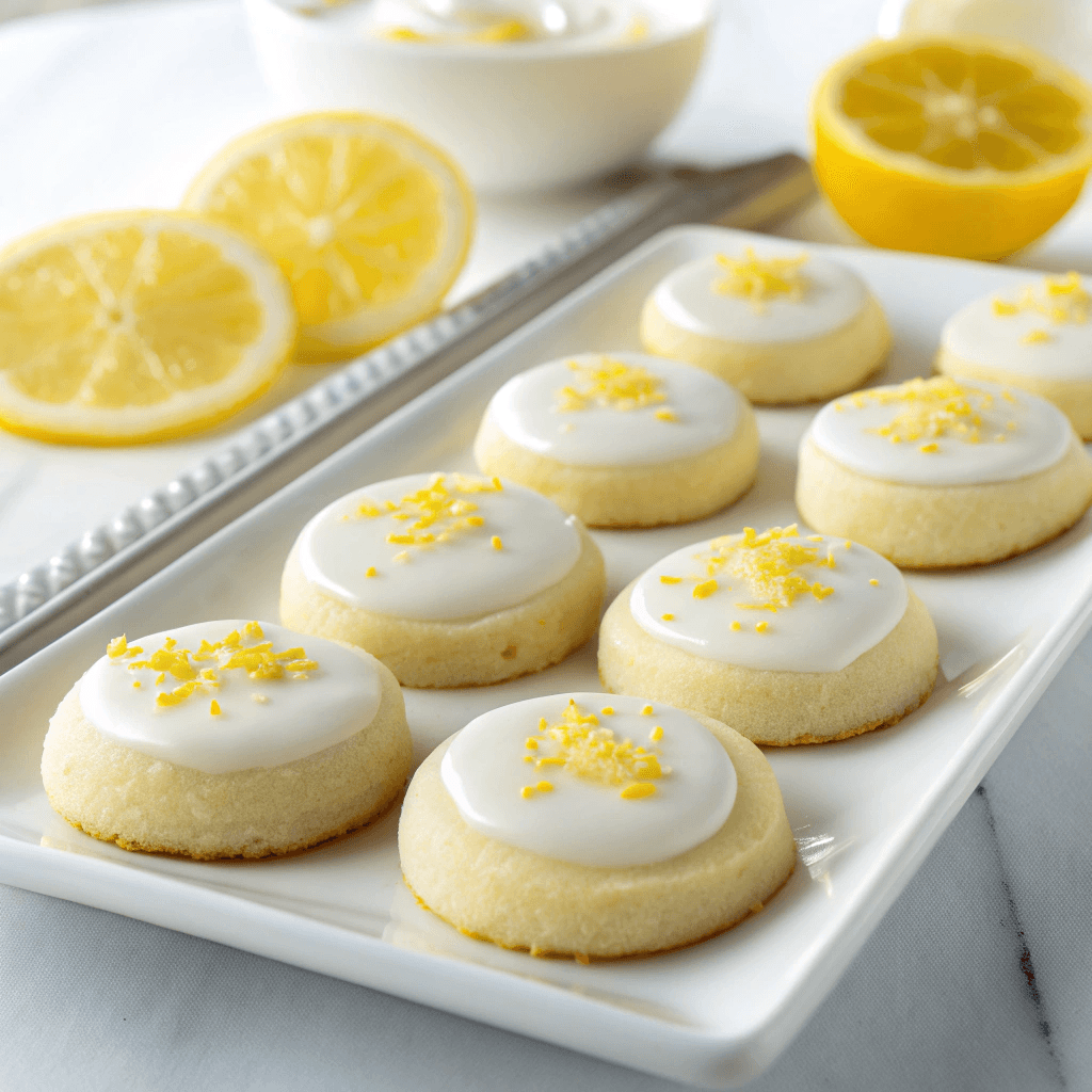 Soft lemon meltaway cookies topped with white icing and lemon zest on a clean white plate.