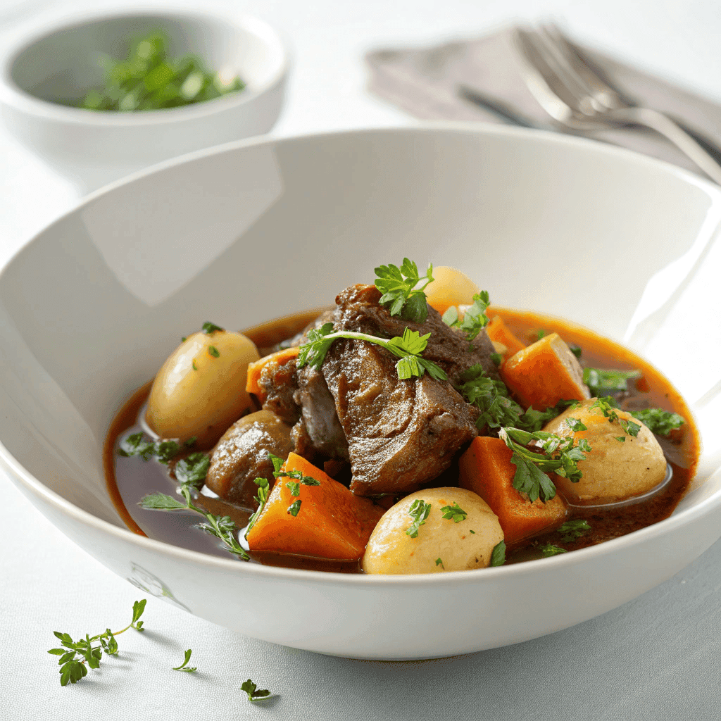 Oxtail Stew Recipe: Rich, Hearty & Fall-Off-the-Bone Tender 1 Oxtail stew in a clean white bowl with carrots, potatoes, and herbs in a rich dark broth.