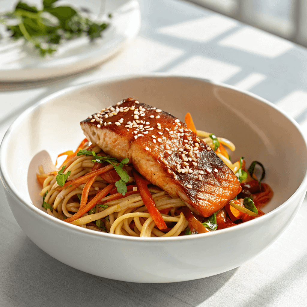 Chili salmon noodles neatly served in a white bowl with vegetables and sesame seeds.