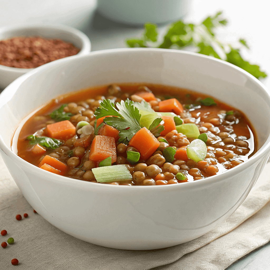 Lentil soup in a clean white bowl with carrots, celery, and tomato broth.