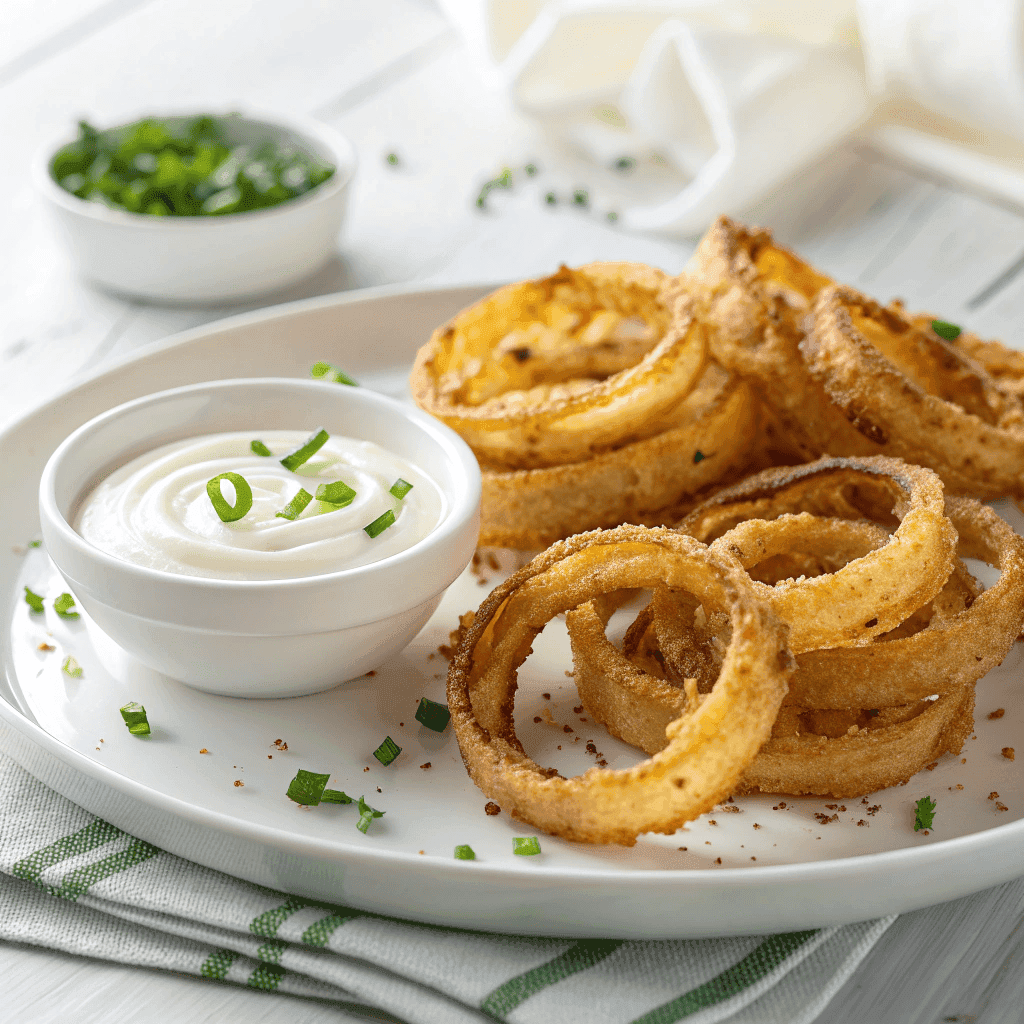Golden baked onion ring chips with chives arranged on a white plate with sour cream dip.