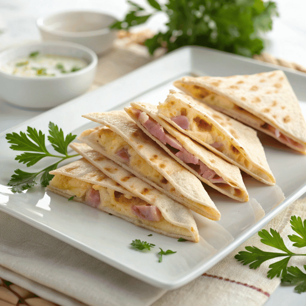 Neatly arranged cordon bleu quesadilla wedges on a white plate with melted cheese and ham.