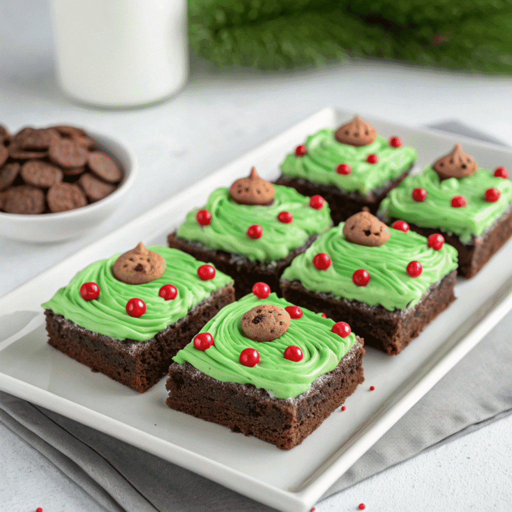 Grinch brownies neatly arranged on a white plate with green frosting and red candies in a clean setting.