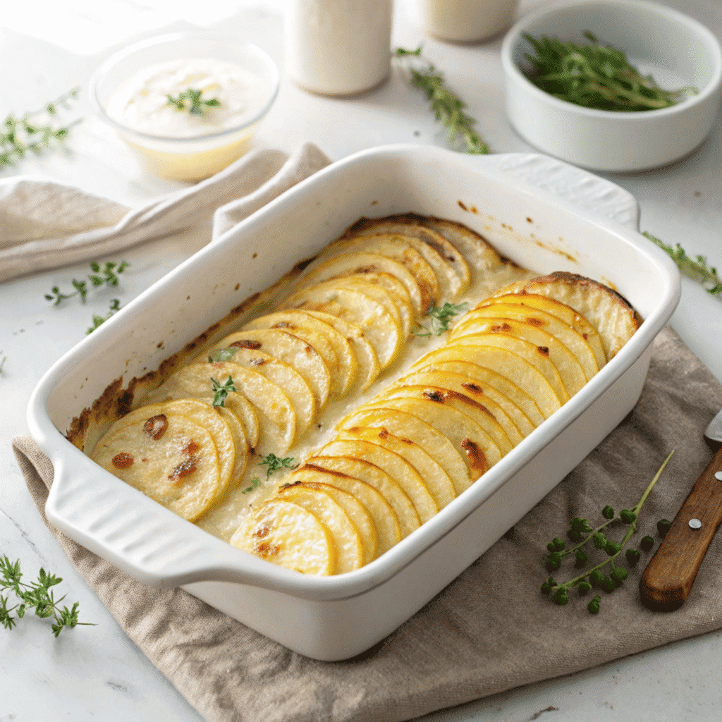 Crispy & Creamy Hasselback Potato Gratin Recipe 2 Golden Hasselback potato gratin baked in a white casserole dish with neatly arranged crispy slices.