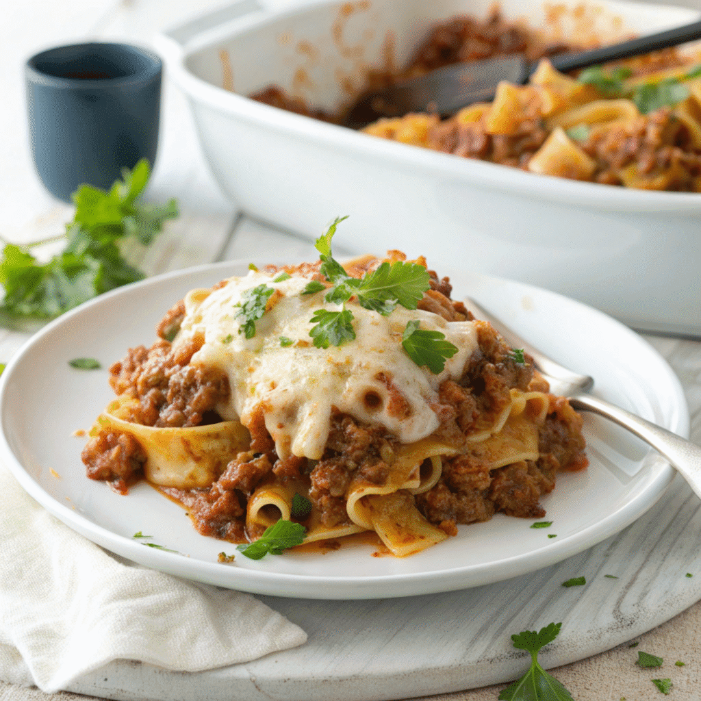 Sloppy Joe Casserole: Easy, Cheesy Family Favorite 2 Serving of sloppy joe casserole with pasta and melted cheese on a clean white plate.
