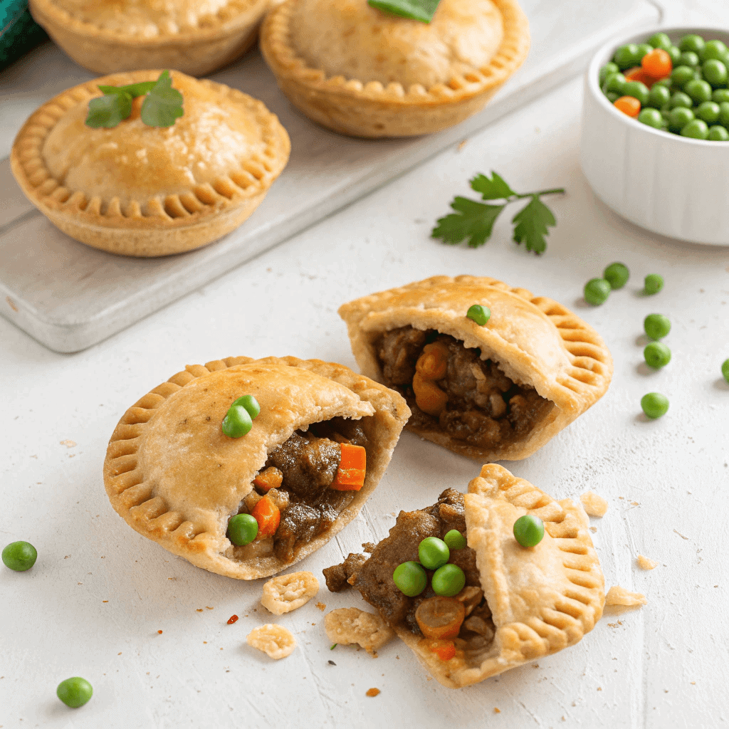 Multiple beef hand pies displayed with one cut open to show the savory beef and vegetable filling.