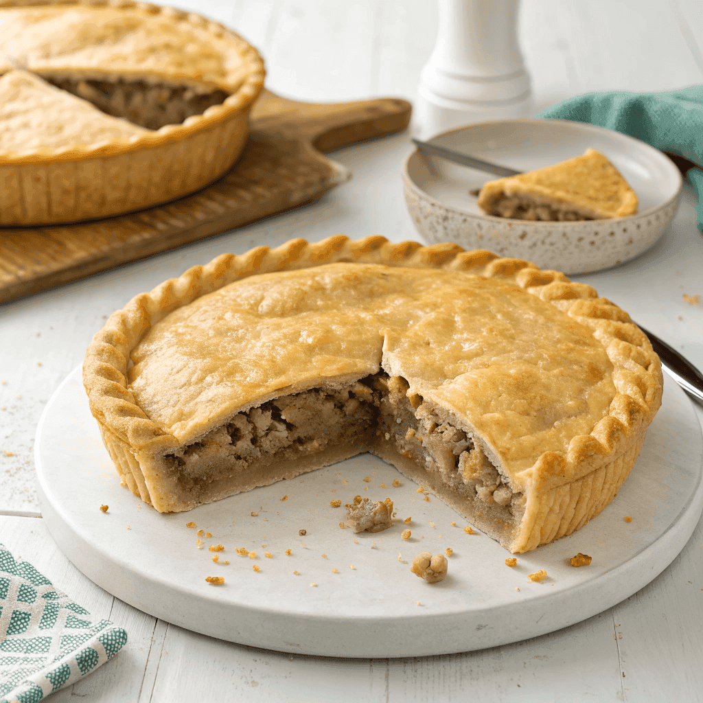 Full French Canadian meat pie with a slice removed, revealing the seasoned meat filling beneath the golden crust.