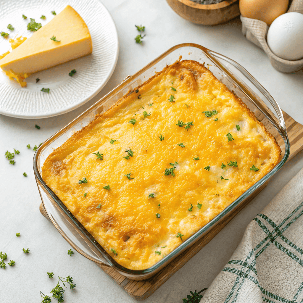 The Ultimate Cheesy Egg Casserole Recipe (No Bread!) 2 Full view of a golden baked cheesy egg casserole in a dish, showing its glossy surface and fluffy texture.