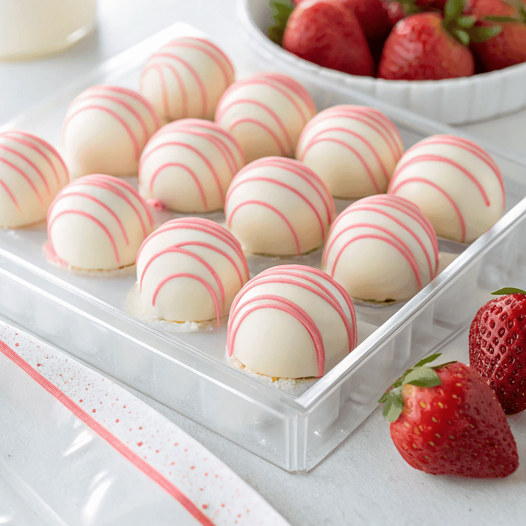 Overhead view of strawberry cheesecake truffles coated in white chocolate with pink drizzle and fresh strawberries.