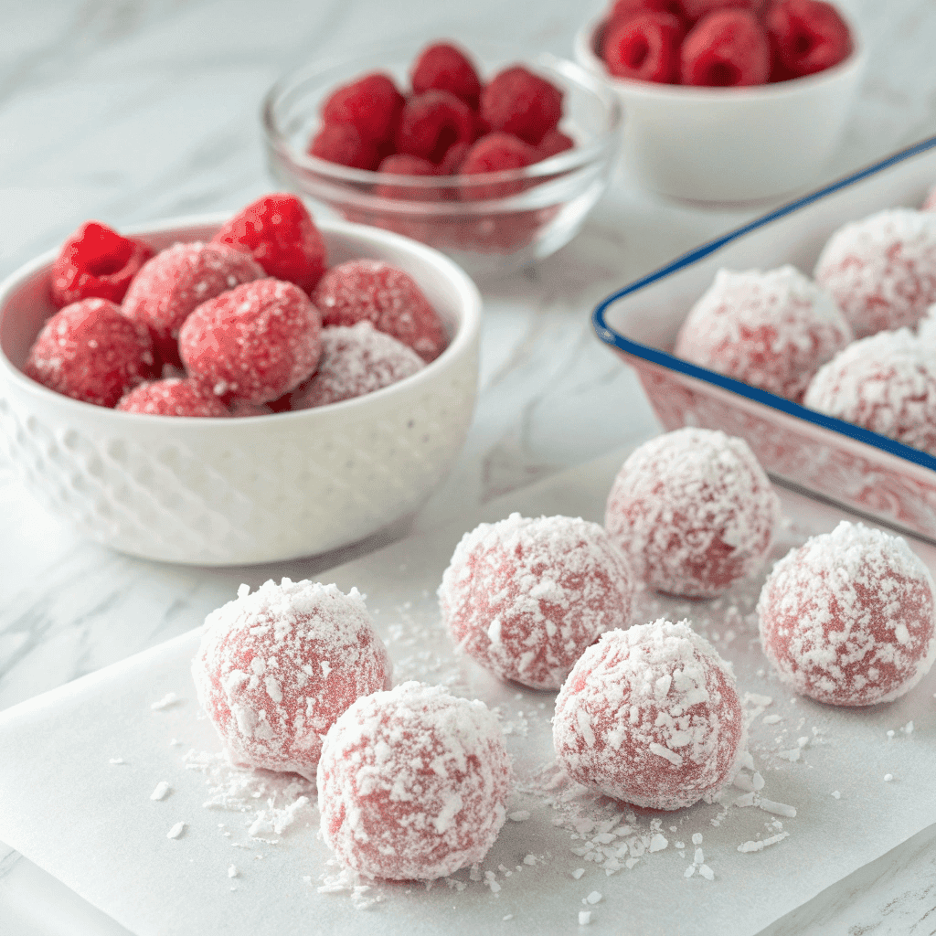 Overhead view of raspberry coconut balls coated in shredded coconut with fresh raspberries around them.