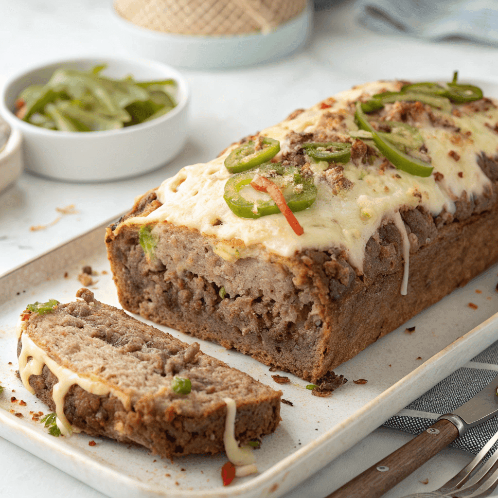 Philly Cheesesteak Meatloaf: A Hearty Family Favorite 2 Full loaf of Philly cheesesteak meatloaf topped with melted cheese, sliced to show the peppers and beef inside.