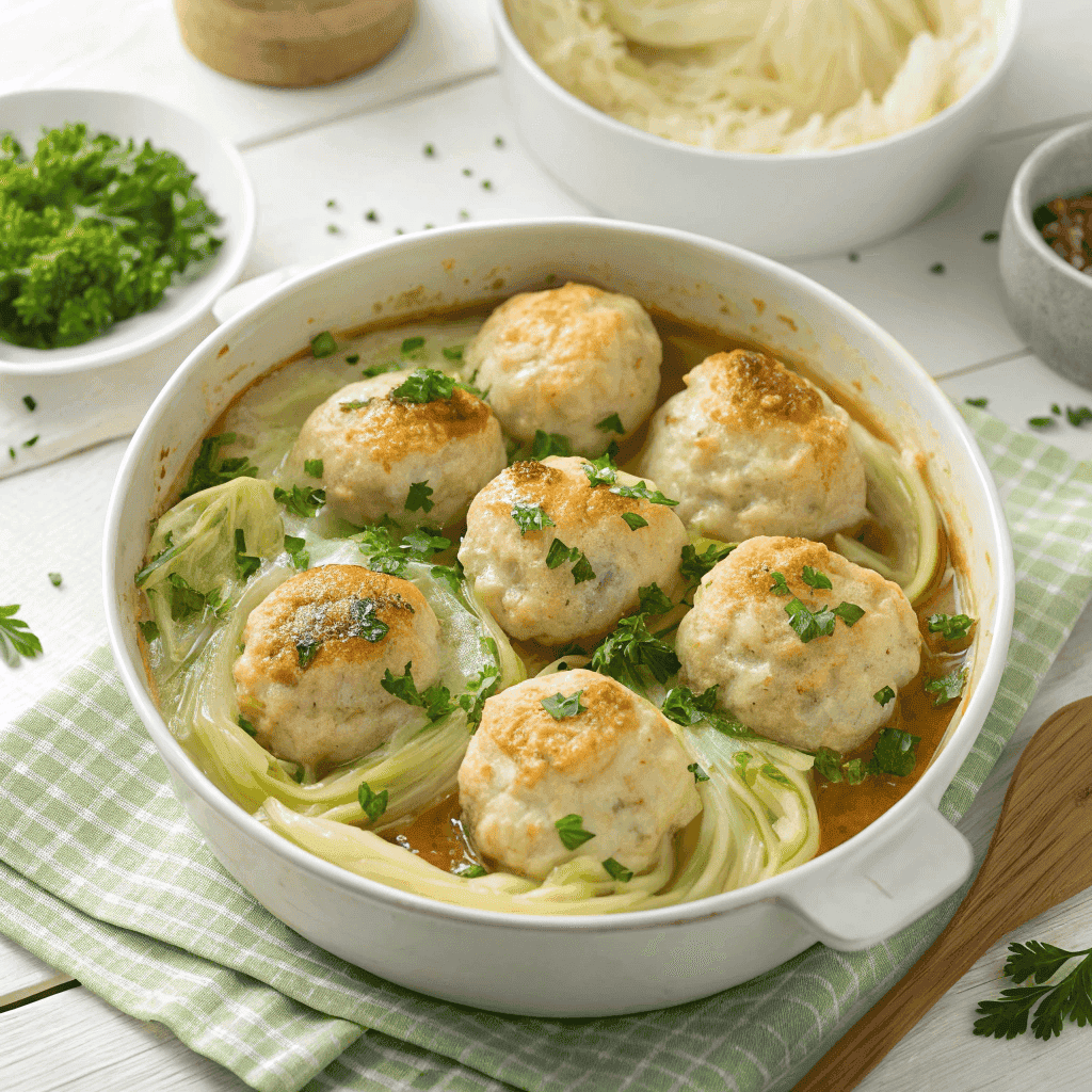 Hearty Cabbage and Dumplings: A Comfort Food Classic 2 Detailed view of creamy cabbage and golden dumplings with parsley garnish, shown clearly for recipe presentation.