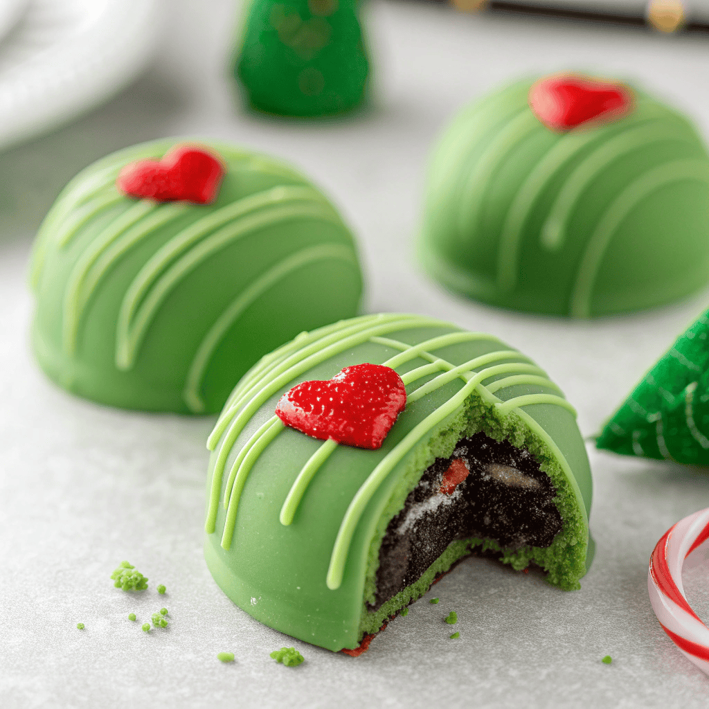 Macro shot of a Grinch Oreo truffle showing the green coating, red heart, and dark Oreo center.