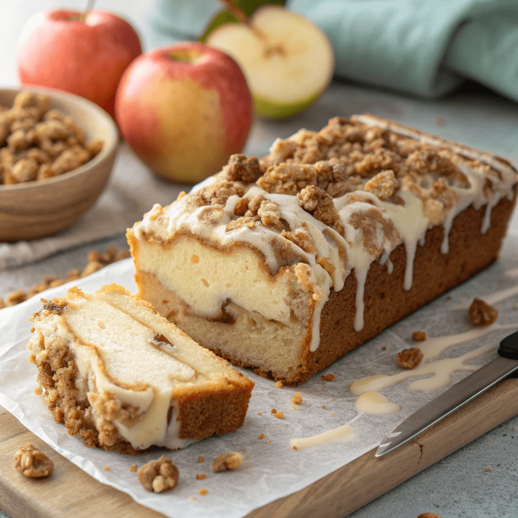 Apple Crisp Cheesecake Bread - The Best Cheesecake You'll Make ! 1 Close-up overhead shot of apple crisp cheesecake bread slices with apple filling and streusel topping.
