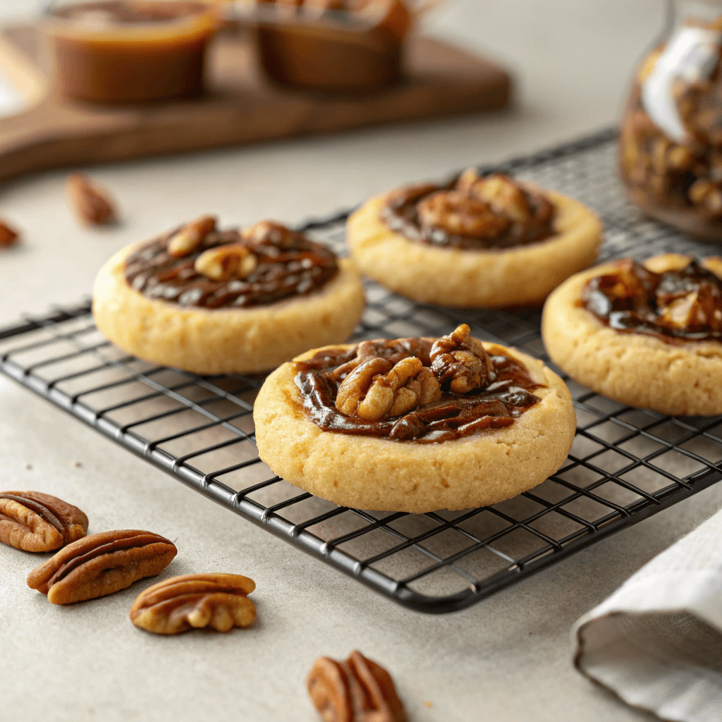 Close-up hero shot of pecan pie cookies with caramel pecan filling and chocolate drizzle on a cooling rack.