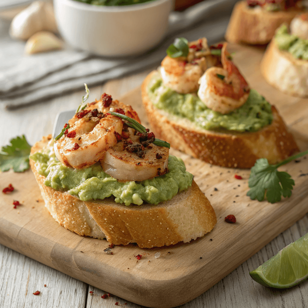 Easy Garlic Shrimp Crostini with Avocado - A Healthy Treat ! 4 Close-up of garlic shrimp crostini topped with creamy avocado and herbs, styled with natural lighting and crisp texture.