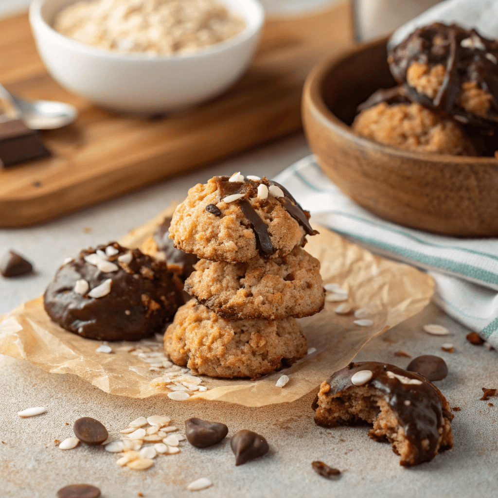 Ultra-realistic oatmeal chocolate coconut macaroons piled in the center with glossy chocolate texture.