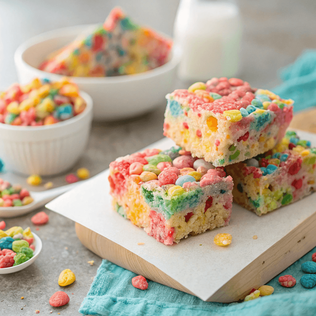 Close-up of colorful Trix Krispie Treats with melted marshmallow holding the cereal together.