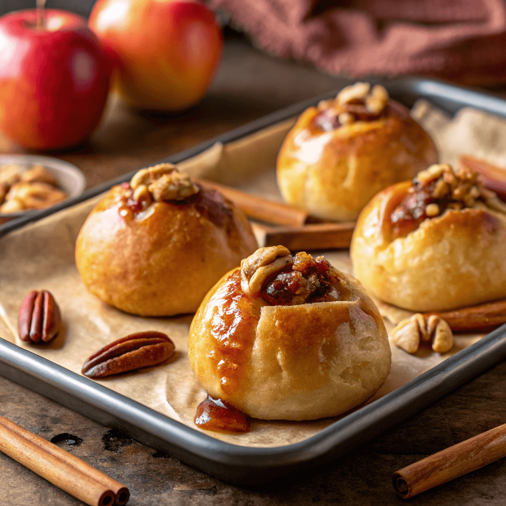 Close-up shot of warm caramel apple bombs with cinnamon apples, melted caramel, and toasted pecans.