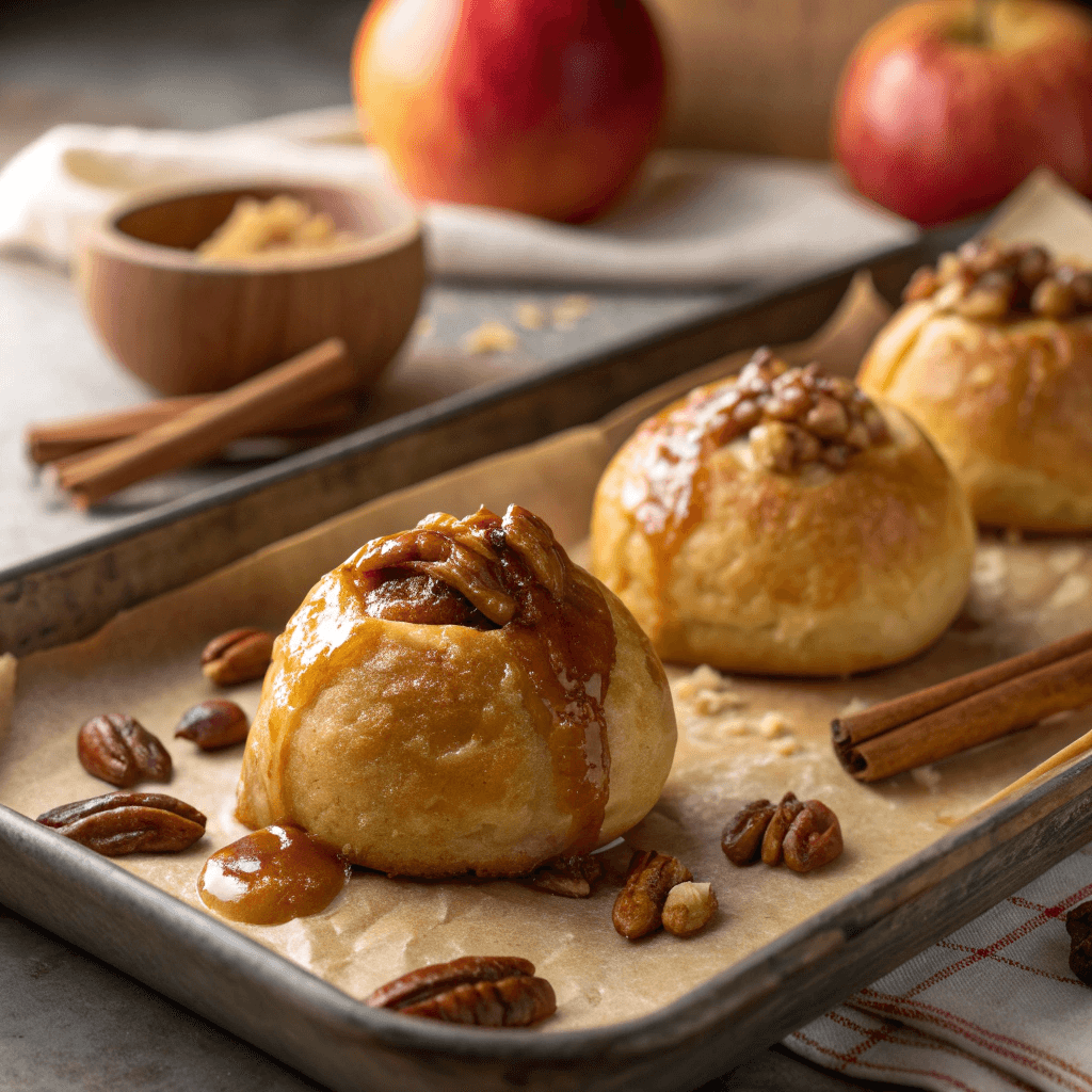 Close-up shot of warm caramel apple bombs with cinnamon apples, melted caramel, and toasted pecans.