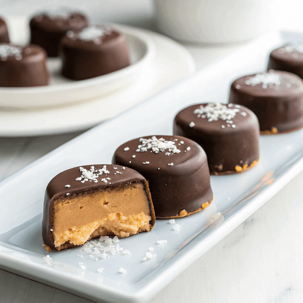 Delicious Peanut Butter Yogurt Bites: Easy, Healthy, & Satisfying 1 Peanut butter yogurt bites coated in chocolate and topped with sea salt on a clean white plate.