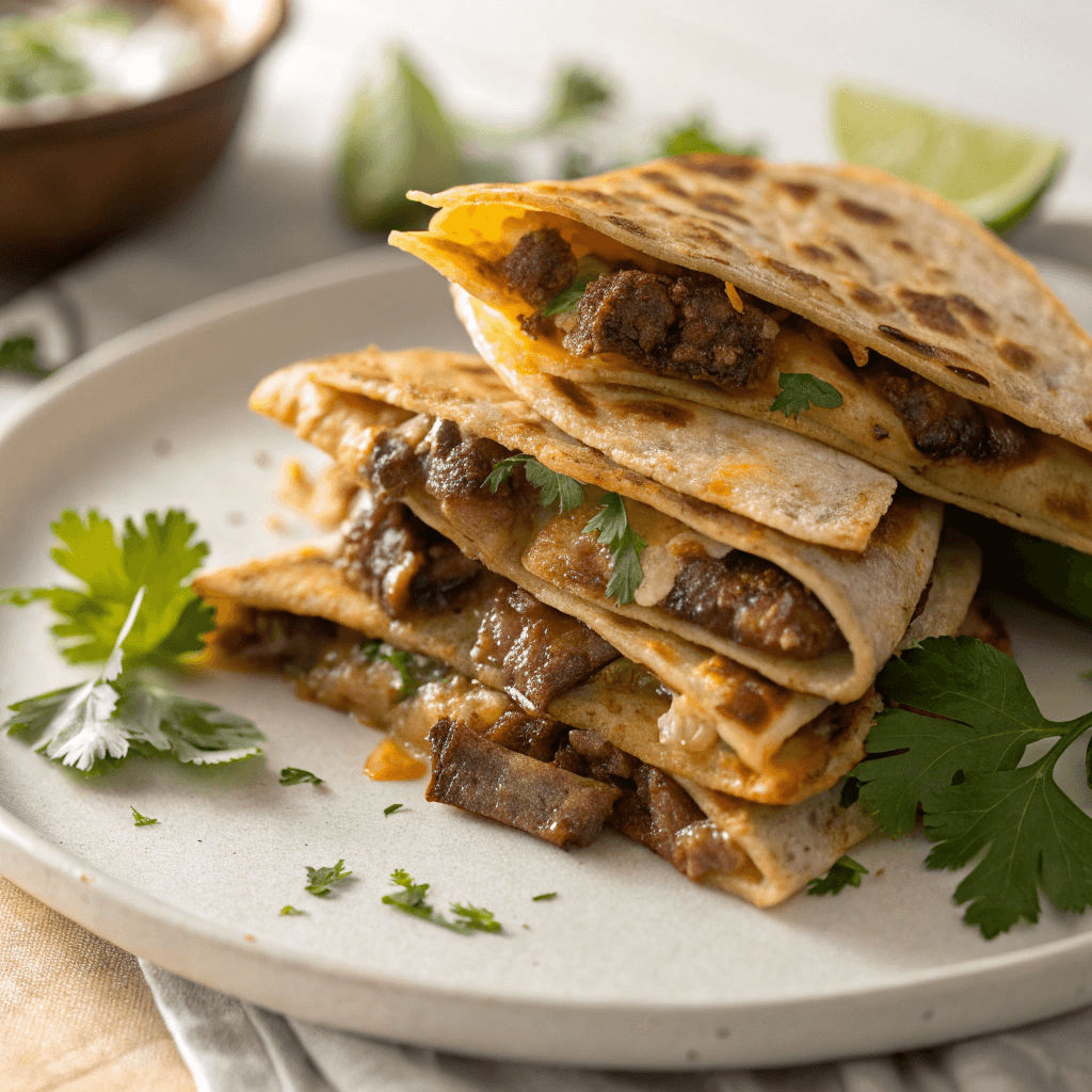 Close-up of steak quesadillas with melted cheese and cilantro on a white plate.