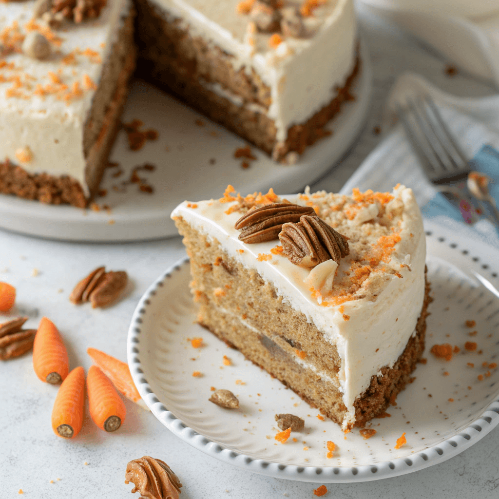 The Best Moist Carrot Cake Recipe with Cream Cheese Frosting 1 Overhead view of a carrot cake slice with cream cheese frosting